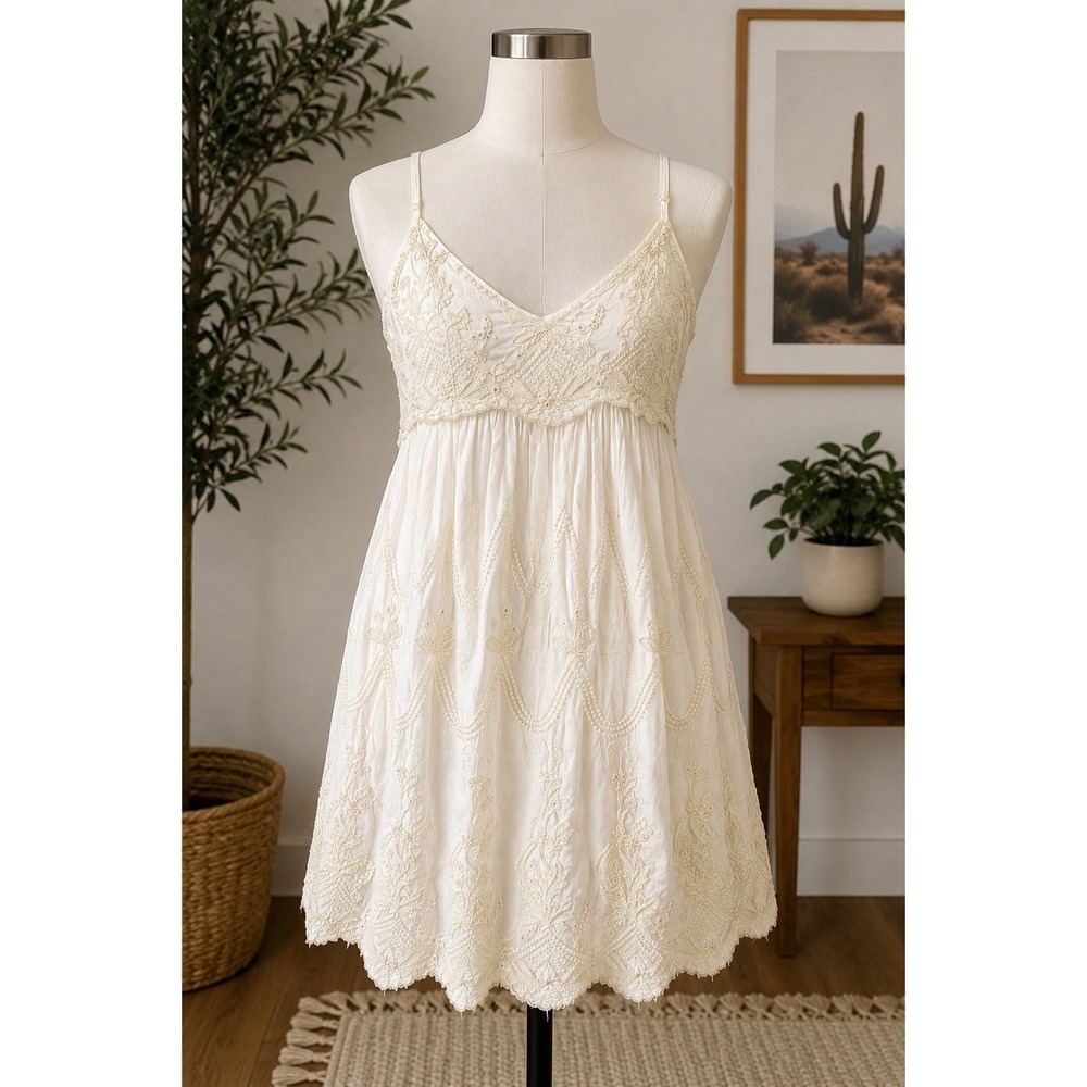 Urban Outfitters Embroidered Eyelet Mini Dress Ivory Boho Sundress Small